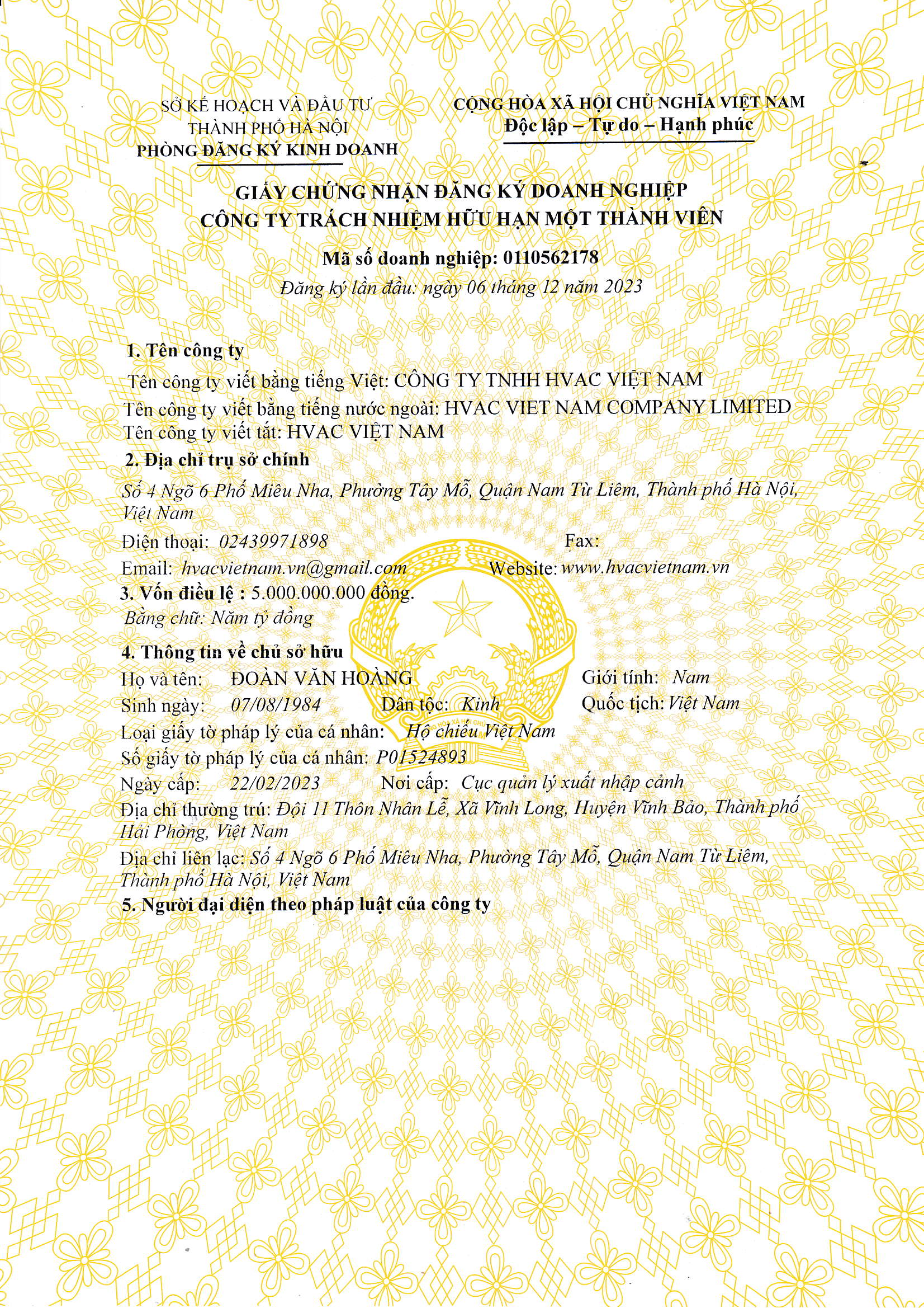 Đăng Ký Kinh Doanh HVAC Việt Nam - Thông Tin Cập Nhật Mới Nhất về HVAC VIET NAM COMPANY LIMITED (MST: 0110562178)
